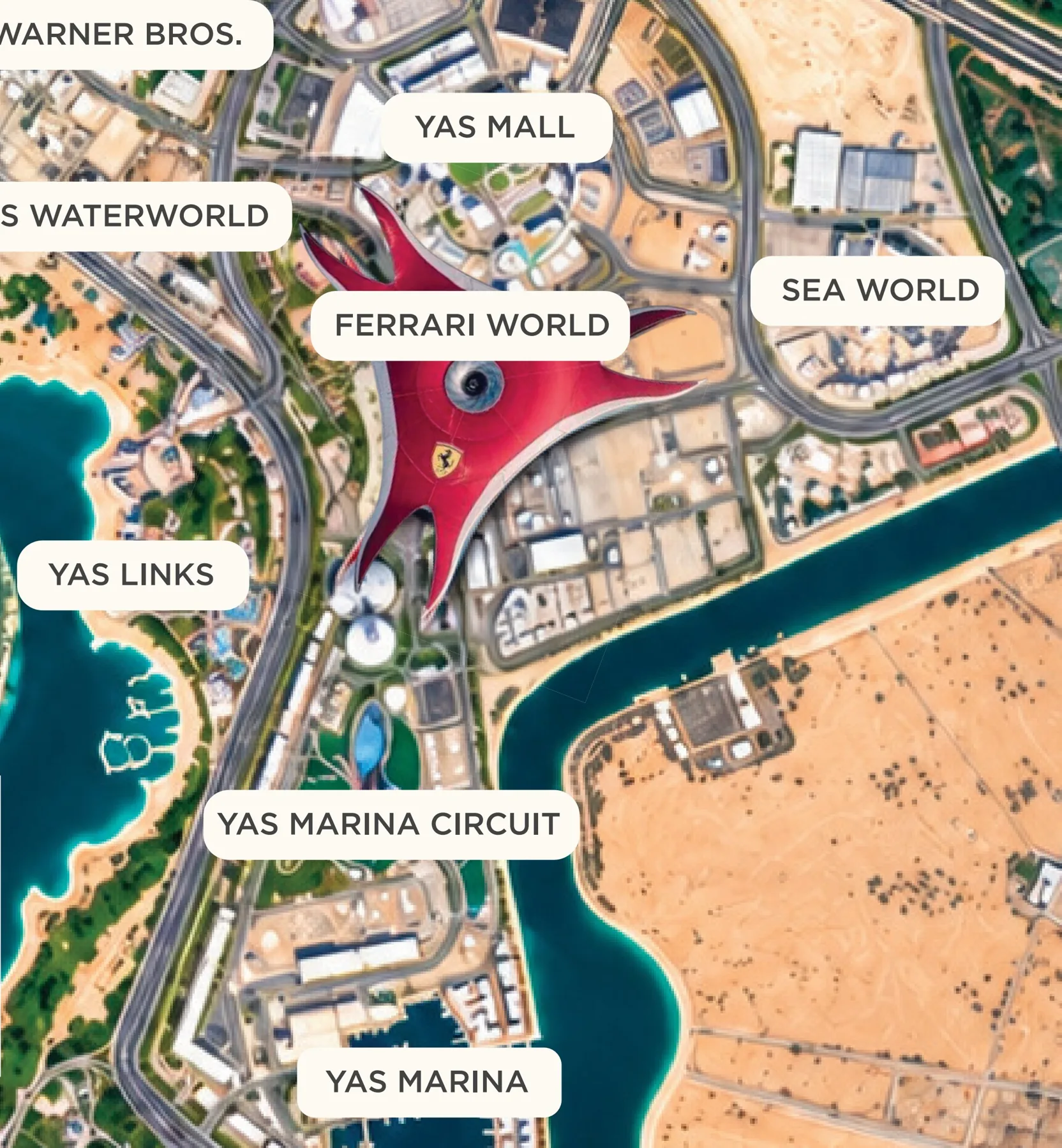 Map of Yas Island with Warner Bros. World, Yas Mall, Yas Waterworld, Ferrari World, SeaWorld, Yas Links, Yas Marina Circuit and Yas Marina marked