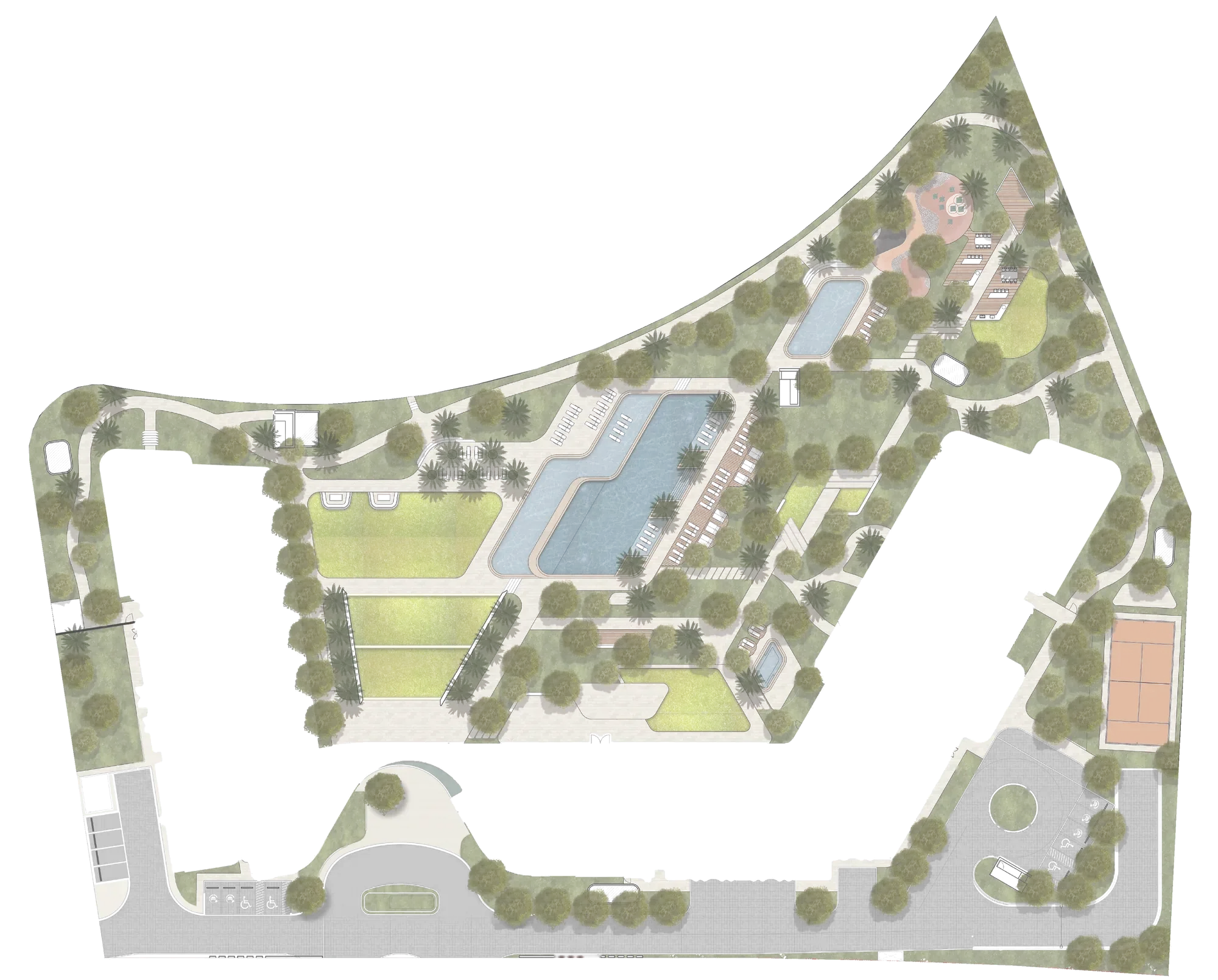 Site plan: the three buildings wrapped around gardens, pools, a lawn and a padel court, with the beach along the curved north edge