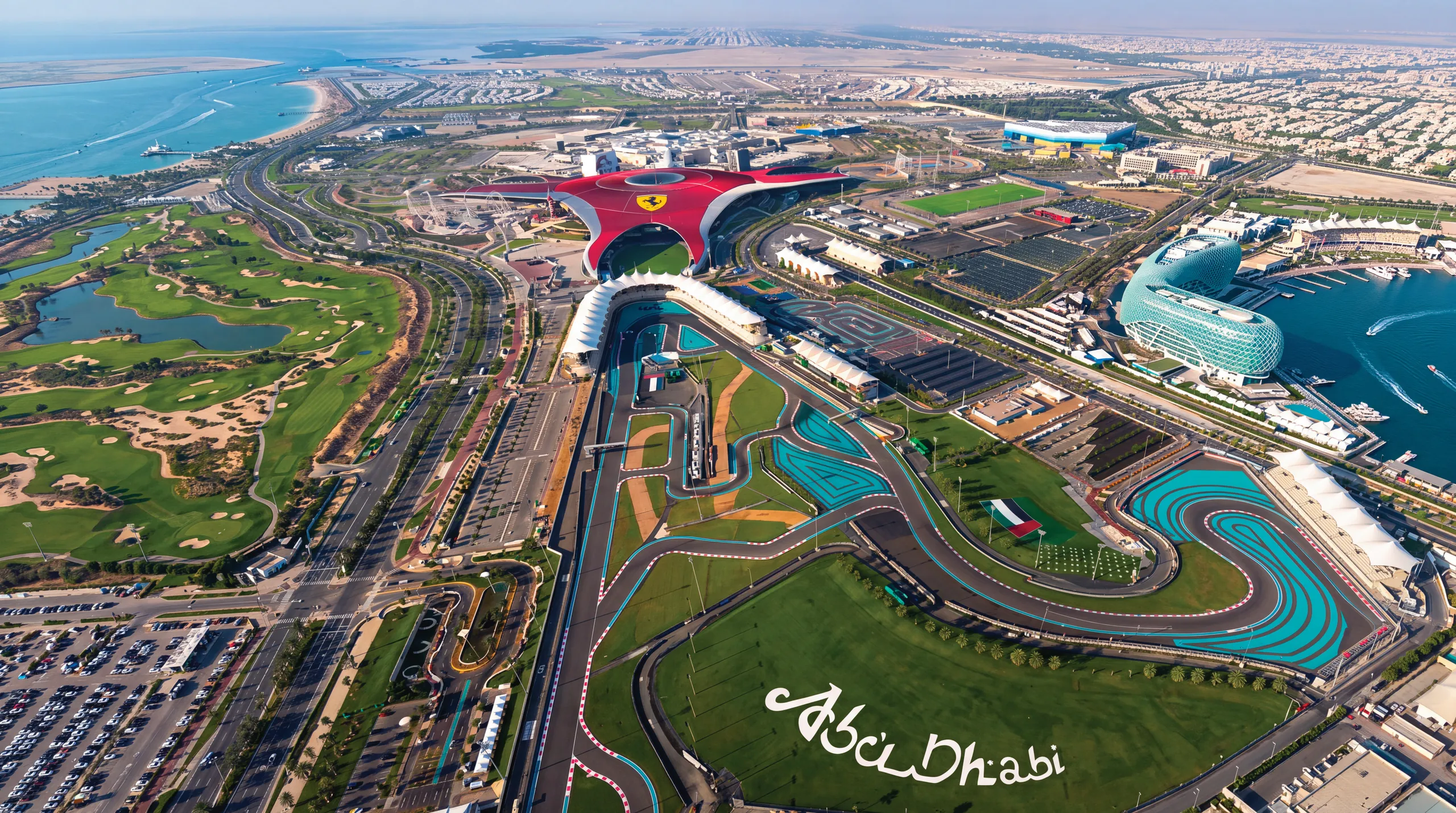 Yas Island from the air: Ferrari World’s red roof, the Yas Marina Circuit and the golf course